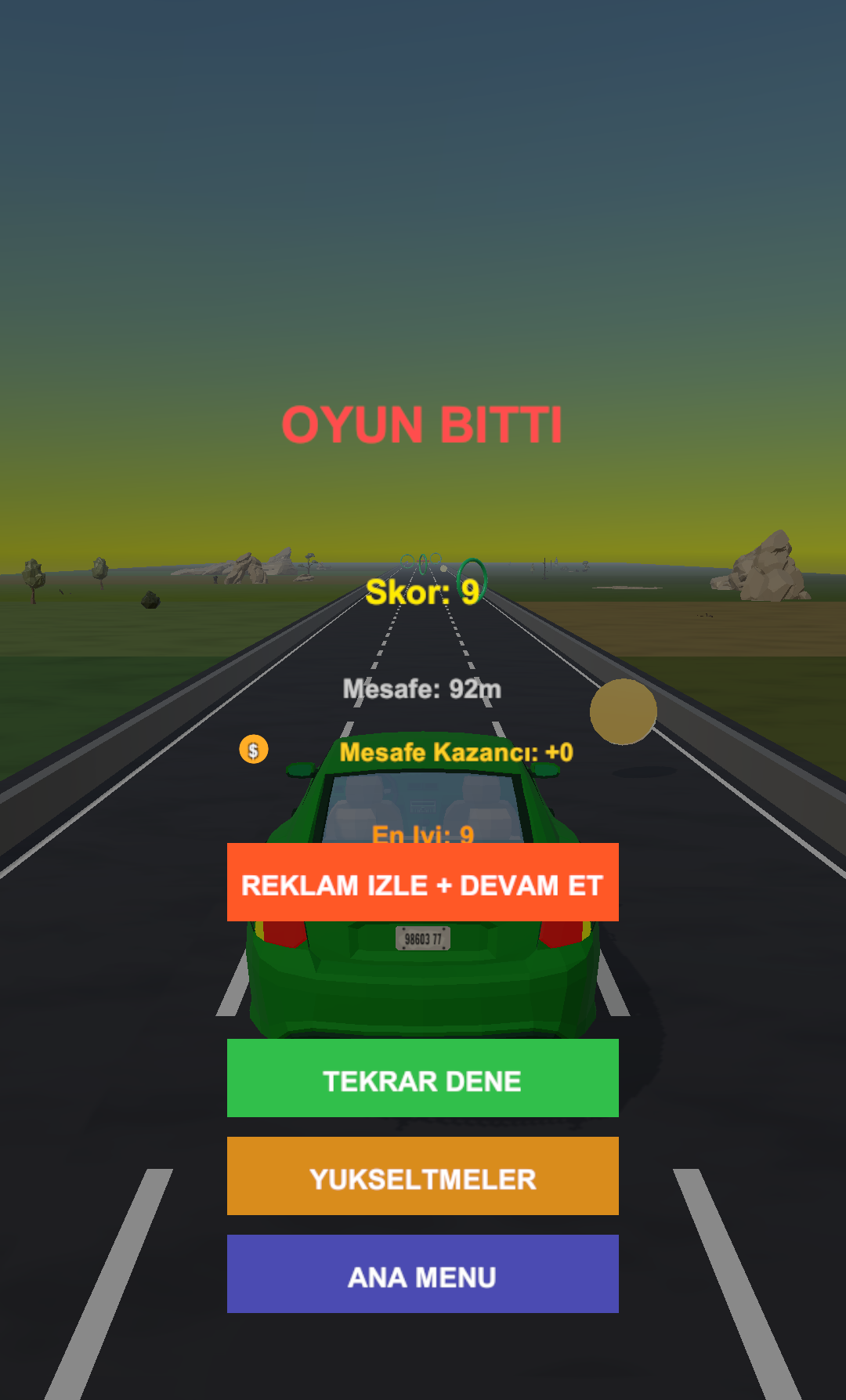 Gameplay HUD — otoyolda araba, halkalar, hız göstergesi